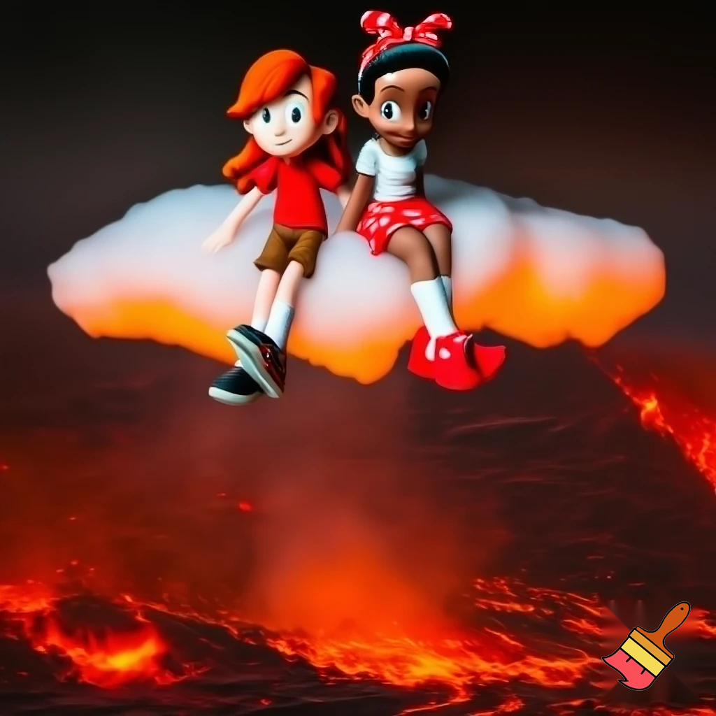 Little Dipper Pines hair red t-shirt brown short pants white socks black and white sneakers and Little Tiana red white dot bow in hair white t-shirt red white dot mini skirt white socks red shoes (the princess and the frog) on a sitting Cloud on a lava "Lava"