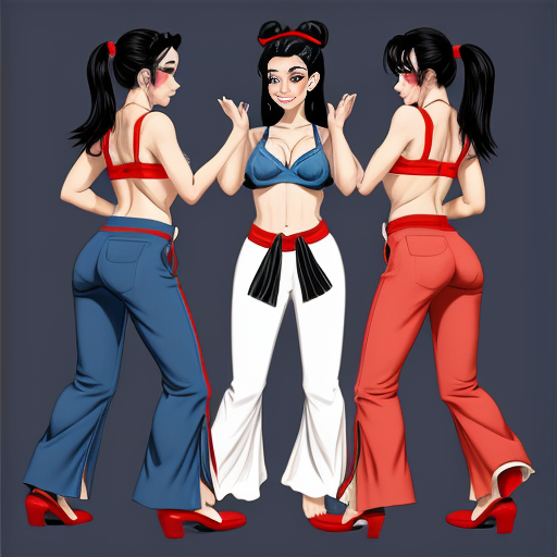 90's disney's 2d aladdin style comic dark blue background and panels of panel 1 a black haired ponytail woman with blue skin , blue harem pants, red bra and red sash and red curved slippers and with three heads walking towards viewer. panel 2 the head in the middle of the three headed black haired ponytail woman with blue skin , blue harem pants, red bra and red sash and red curved slippers is looking at the left head and the right head of the three headed the black haired ponytail  woman with blue skin , blue harem pants, red bra and red sash and red curved slippers. Panel 3 the middle head of the three headed black haired ponytail woman with blue skin , blue harem pants, red bra and red sash and red curved slippers is making a kiss face and still walking towards viewer. Panel 4 but then the two heads of the three headed the black haired ponytail barefoot woman with blue skin , blue harem pants, red bra and red sash did the same. Panel 5 then the three heads of the three headed black haired ponytail woman with blue skin , blue harem pants, red bra and red sash and red curved slippers started kissing the viewer. Panel 6 then the three headed black haired ponytail  woman with blue skin , blue harem pants, red bra and red sash and red curved slippers then turns around and raising her arms then swaying her hips. Panel 7 while the the three headed black haired ponytail woman with blue skin , blue harem pants, red bra and red sash and red curved slippers is shaking her butt a triangle shaped patch was on the her butt of her blue harem pants.
