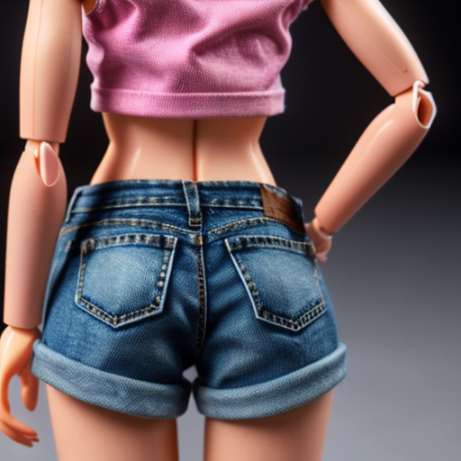 Barbie wearing pink shirt and very short denim booty shorts, rear view