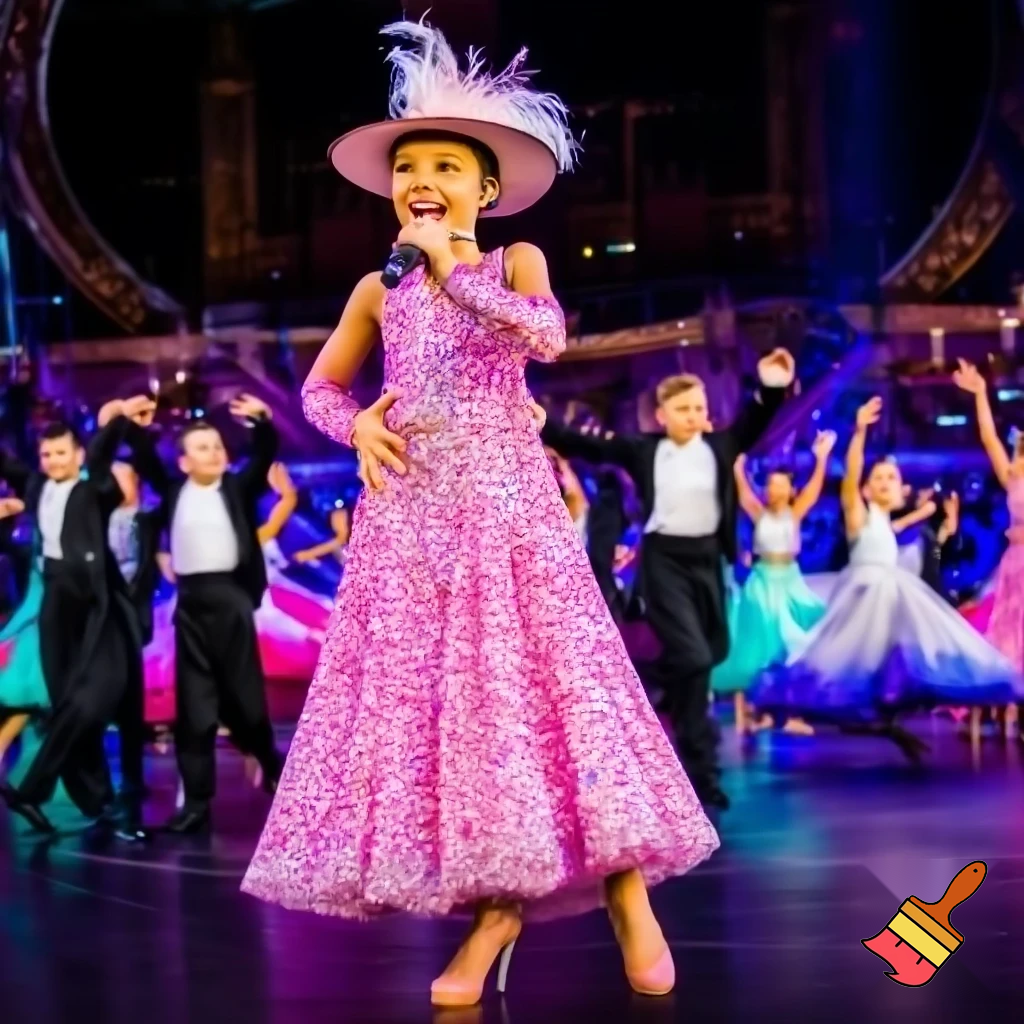 Preteen Girl in Sparkling Pink Ballroom Gown High Heels Sequined Shiny Wide-brimmed Hat with Plumes Singing in Microphone on a big Stage. Behind her Ballroom Dance Kid Couples Dancing, Boys in formal stylish Tailcoats, Girls in beautiful Ballroom Gowns