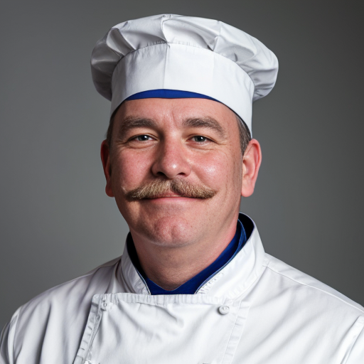 Na slici je portret muškarca u kuharskoj odori. Nosi visoku bijelu kuharsku kapu i bijelu uniformu, a oko vrata ima tamnu maramu. Ima gustu, sijedu bradu i brkove te blago nasmiješen, smiren izraz lica.

Slika je naslikana u impresionističkom stilu – potezi kista su vidljivi, a boje su mekane i svijetle, s prevladavajućim plavim i bijelim tonovima. Pozadina je jednostavna, svijetloplava, bez detalja, što dodatno ističe lik kuhara. Ukupan dojam je topao i živ, s naglaskom na karakter i izraz lica portretirane osobe.