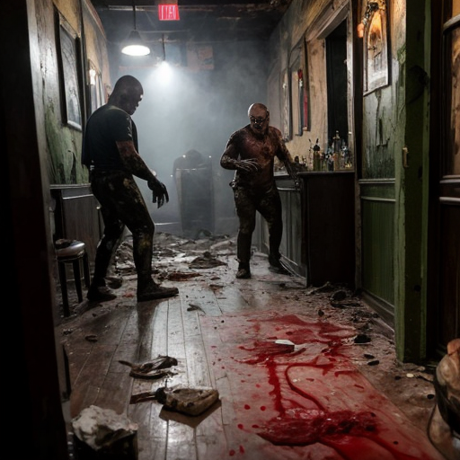 a dimly lit, smoke-choked dive bar plunged into chaos as rotting, Fulci-style zombies burst through the shattered front door and windows. Their decayed faces glisten with wet, stringy gore, eyeballs milky-white or dangling from sockets, as they lurch forward with grotesque hunger. A bartender’s head is halfway torn off, arterial spray arcing across the neon beer signs, while a patron screams mid-bite, intestines spilling from a zombie’s fist like wet rope. Glass shards and broken stools litter the sticky floor, now slick with blood and spilled liquor. One zombie’s jaw hangs by a tendon, its teeth buried in a biker’s neck as he futilely tries to shove it off, his fingers sinking into its putrid flesh. The lighting—sickly green and flickering—casts everything in a nightmarish glow, amplifying the visceral horror of entrails, shattered teeth, and the gleam of exposed bone