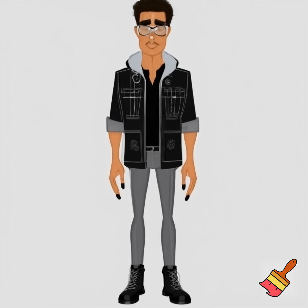 A tall, skinny, lean man with tan skin and v-tapered masculine physique, moderate muscle and prominent bone definition a heart shaped face with well defined structure, black bushy but shaped eyebrows, long lashes and coffee black 3C hair and irises wearing a black denim field coat with a grey hood attached, slim rectangular glasses with a silver glasses chain, and a black henley buttoned shirt slightly undone, black nails, sleeves rolled up the elbows, denim grey jeans and black leather combat boots 