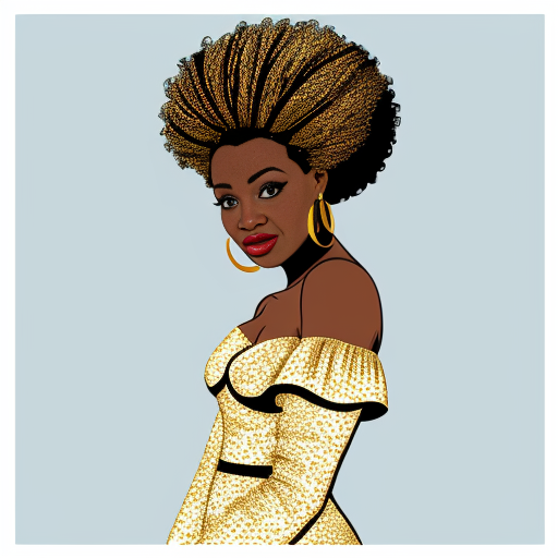 Generate an art-portrait of a young African American woman, resembling Whitney Houston, with a spiral afro hairstyle. She wears a copper-orange satin off-the-shoulder top, red lipstick, and sapphire earrings. The image has a background with gold fragments that look like gold leaf.