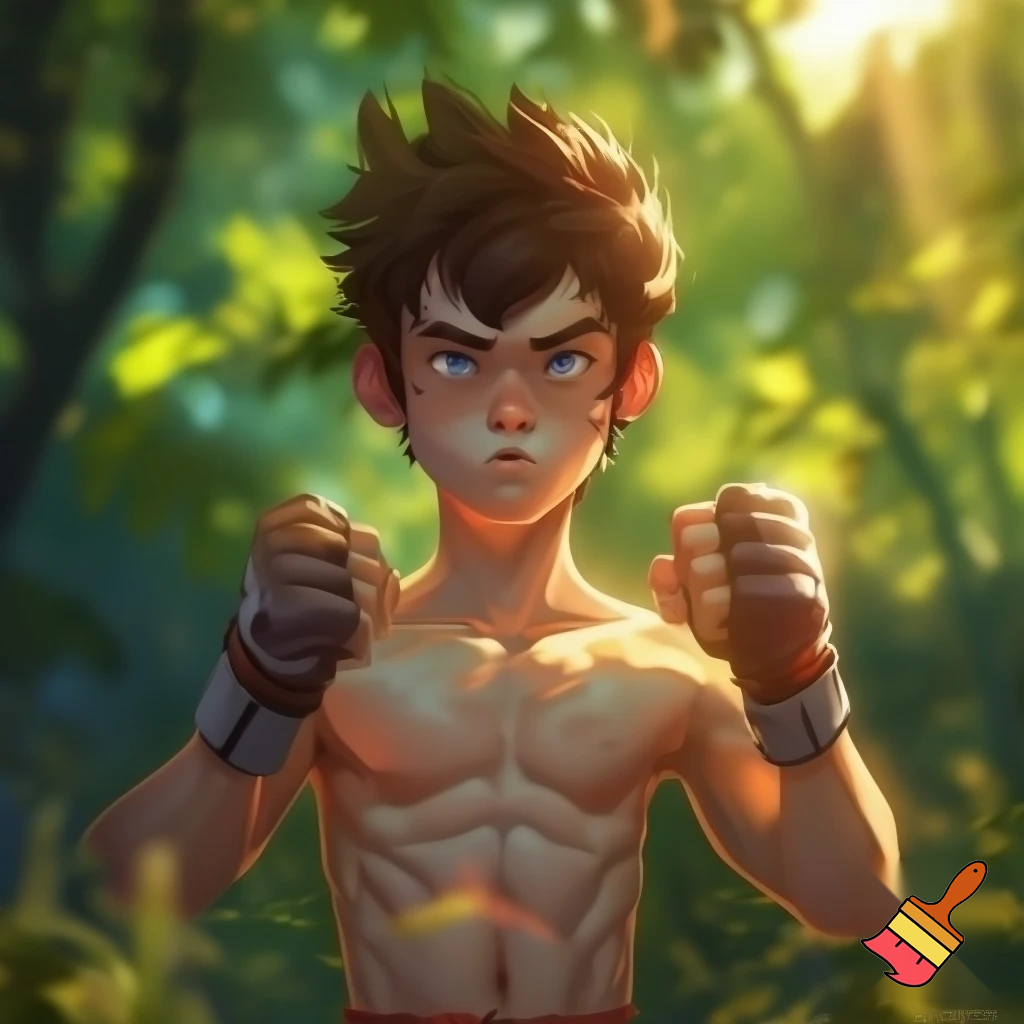 A mixed martial artist who has gone down two weight classes for a fight.  He was a lightweight, now he's 20 pounds less. His cheeks are sunken and his ribs are visible and his muscles stand out alarmingly. Nonetheless, he stands tall and steady. His eyes are watery blue, his hair is brown and his ears stick out. For once in his life, he is ready to win. Incongruously, the background is a forest.