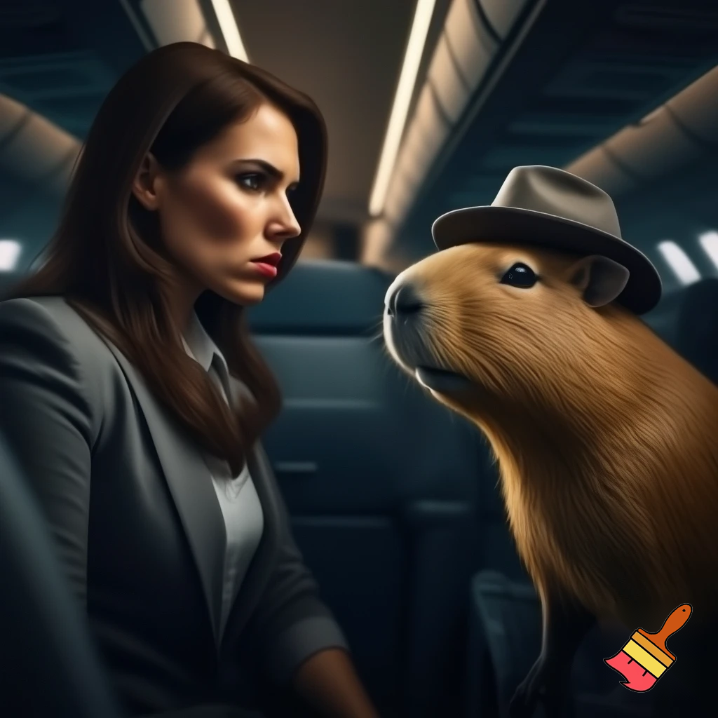 a woman is mad at the capybara in a hat at the plane



