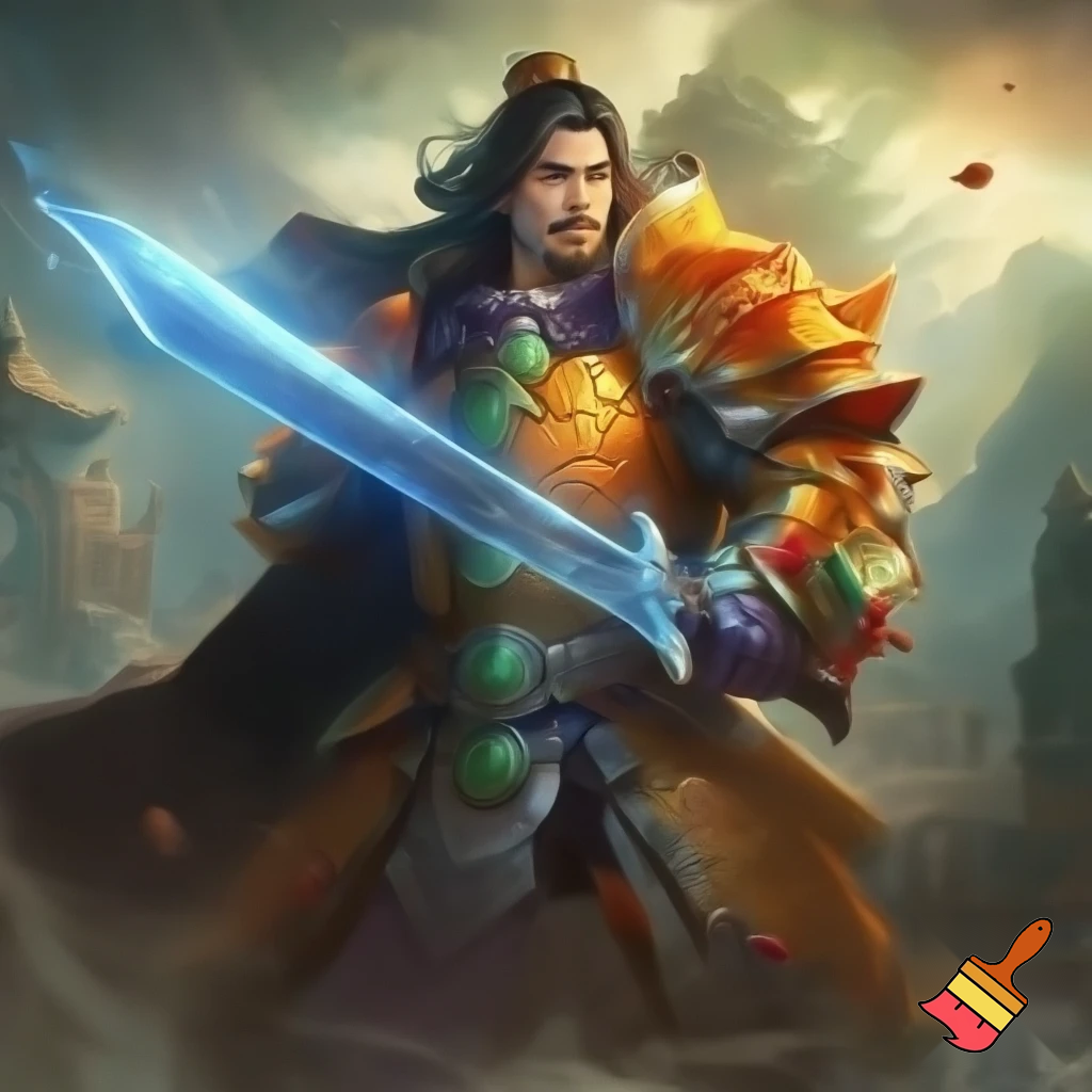 Golden orange paladin. Chinese style armor. Dynamic stance. Glowing blue sword. High quality. In the style of dungeons and dragons.