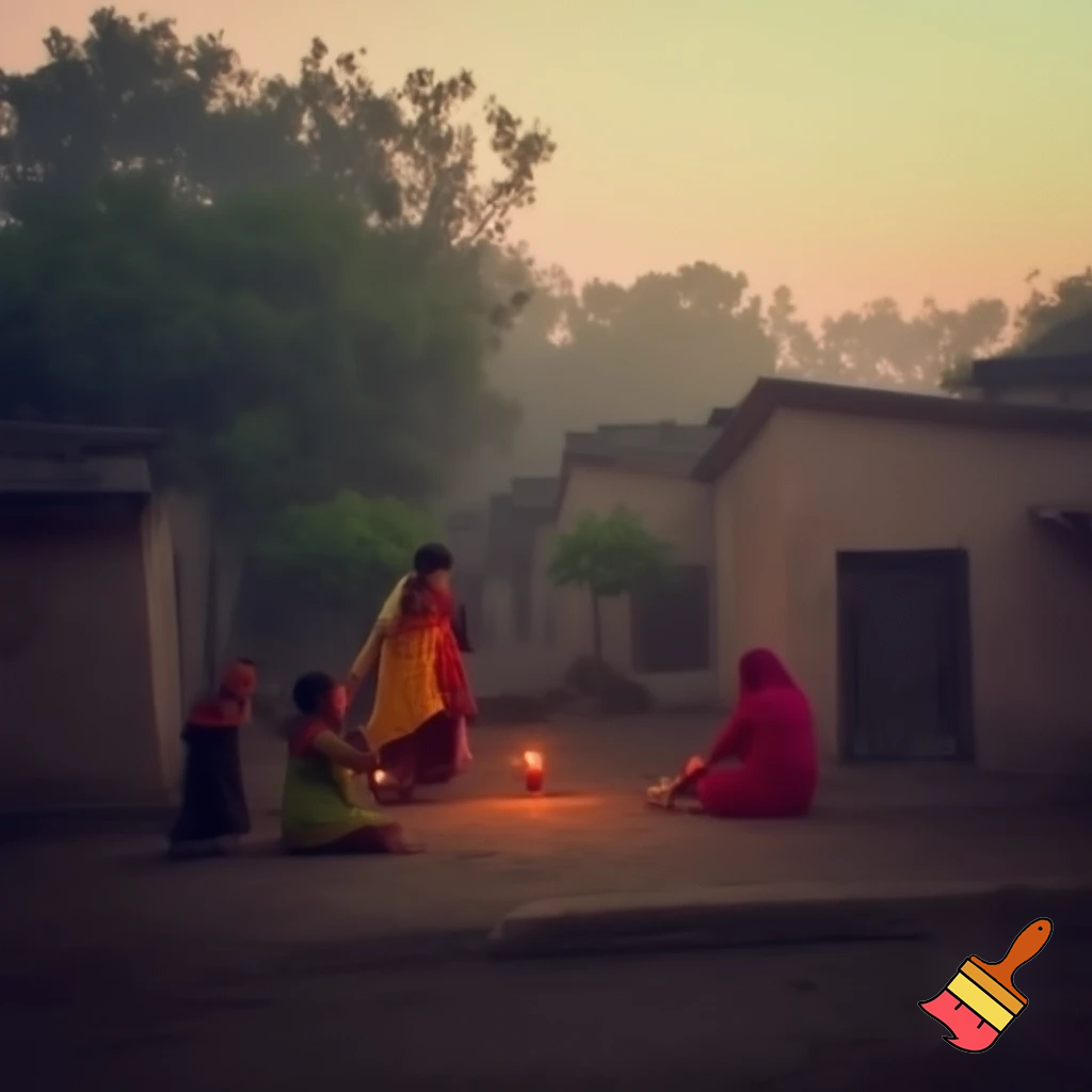 Early morning Indian village near Ganga river, small mud houses, tulsi plant in courtyard, women sweeping and lighting diya, soft sunrise light, peaceful spiritual aura, realism, cinematic tone.