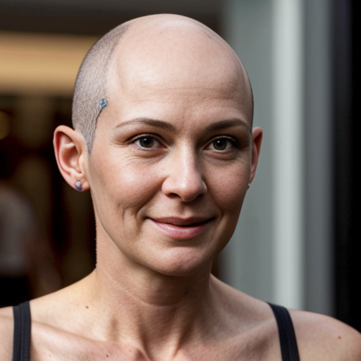 Ultra realistic. A natural woman with no makeup. Her head is shaved bald. She is exiting a hair salon at the mall. The lights reflect off her bald head