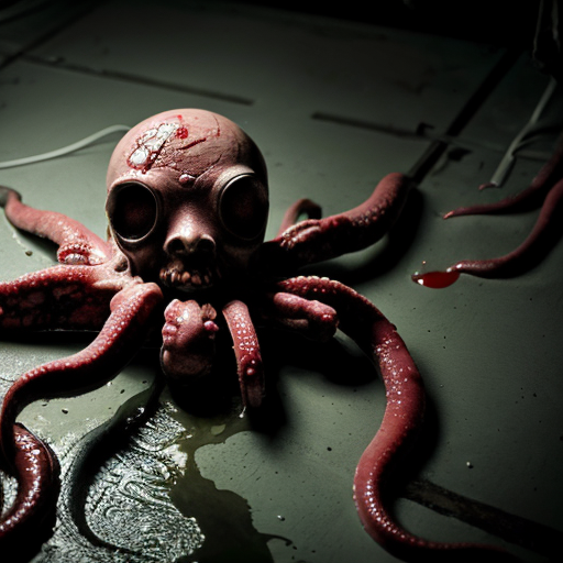 photorealistic horror scene in an abandoned hospital morgue autopsy room, 1980s institutional green tiled walls covered in fresh blood splatter and dripping gore, fluorescent ceiling lights flickering dimly, cold clinical atmosphere, central grotesque eldritch monster standing upright, tall humanoid body composed of writhing dark fleshy tendrils and organic black biomass, octopus-like head with mass of thick slimy tentacles instead of face, no eyes or mouth visible just writhing cephalopod appendages, dripping viscous black ichor and blood, decayed rotting texture on the creature, extremely detailed wet slimy skin and muscle fibers, standing in a large pool of fresh blood on the tiled floor, autopsy table in background with mutilated naked human corpse lying on it, realistic dissected body, exposed organs, blood pooling and dripping off edges, blood trails and smears everywhere, surgical tools scattered, rusty metal sink and lamp, hyper-detailed textures, cinematic horror lighting with harsh shadows and volumetric fog, ultra realistic, photorealistic, 8k, RAW photo, horror movie still, disturbing atmosphere, gore, extreme detail, no censorship