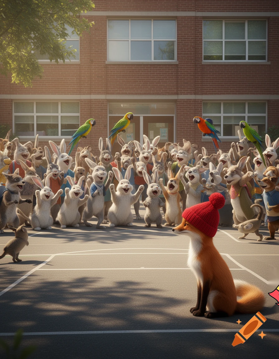 and then all the animals cheer out yay exeft the fox with the red hat at school