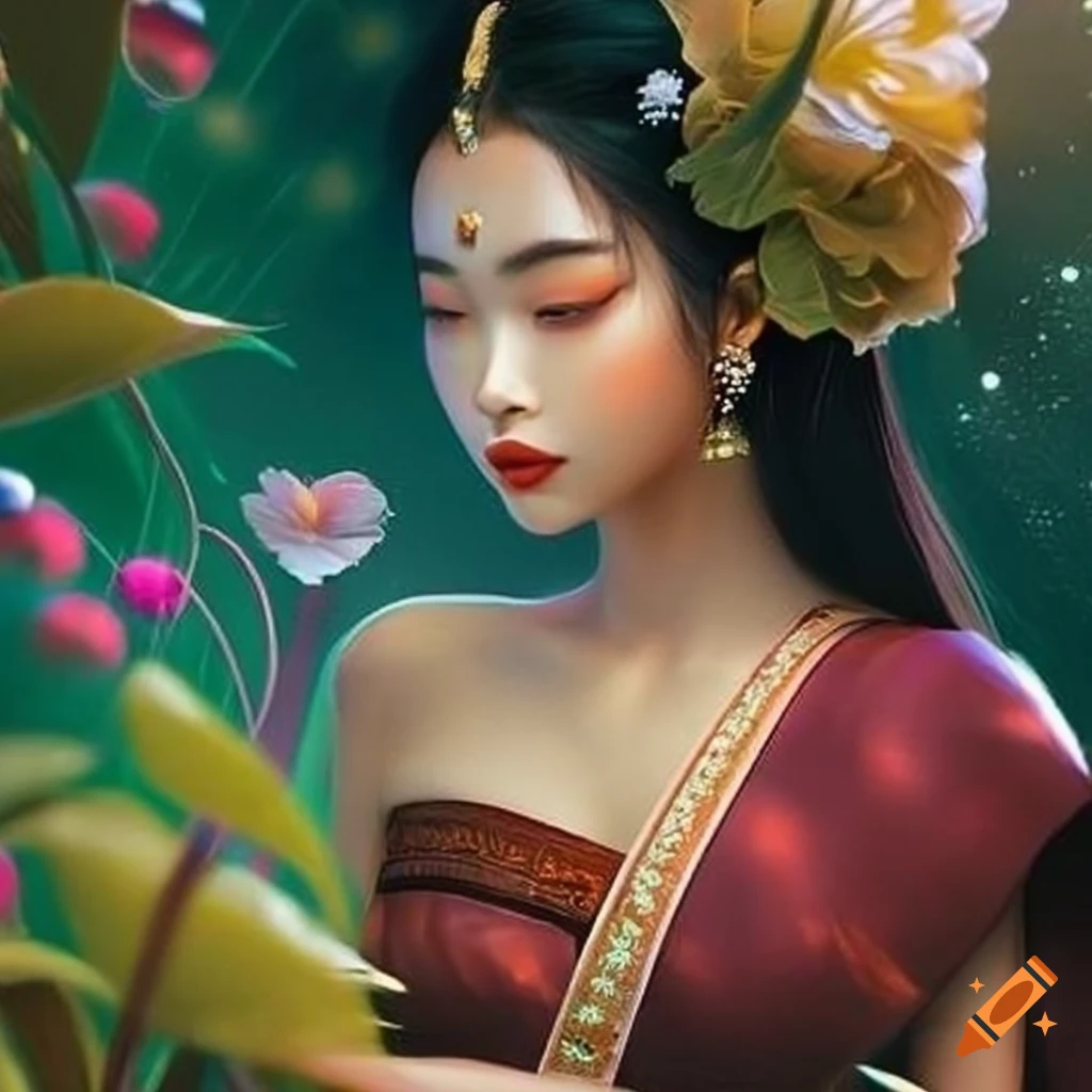 Thai woman , ethereal lighting , soft focus , Highly detailed , Detail , Digital painting , Media type , Artstation , Reference , Concept art , Technique , Whimsical , Mood , dreamy , Illustration , Media type , art by mandie manzano and lisa falzon and rovina cai and tran nguyen and victo ngai. 
