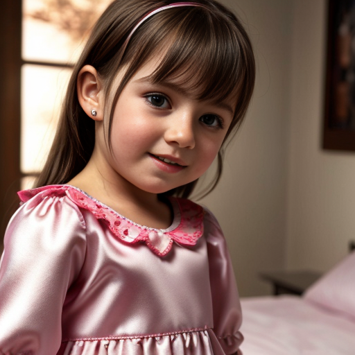 Chilean little girl at night dress, very beautiful, on the bedroom, close up