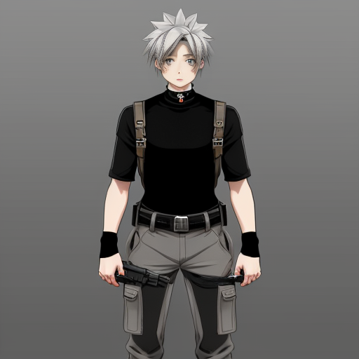 an anime boy, grayish short spikyish hair (but not too short) a red
left eye, with a scar, right eye is white, white skin (like a cloud) a choker,
skintight turtleneck that covers his hands like gloves, grayish black big
cargo pants with Keychains, black combat boots, some belts, and two guns
on each side of his waist, (character sheet), make him feminine and skinny, 