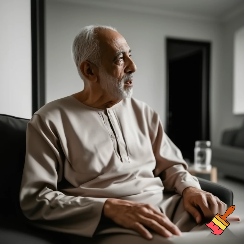 A very realistic image of an elderly man with Arab features, waiting for the medical service representative at his home, comfortable, away from crowds and the cold.