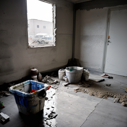 A chaotic construction site. A raw, dark-grey concrete subfloor, severely cracked and spalling. Piles of gray dust, scattered brick debris, an empty sack labeled "CEMENT," discarded paint buckets, and bare, unpainted walls.