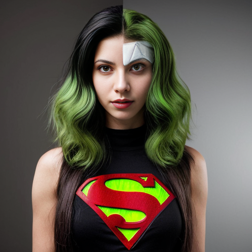 a woman with mid-length hair green to black with superpowers
