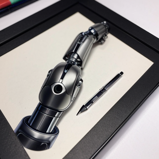 Un braccio robotico con mone di penna nera al posto delle dita che graffia nel vuoto