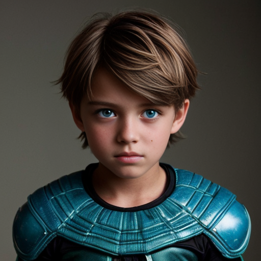 A girl with brown hair blue eyes that looks kinda like storm boy about 10 years old 