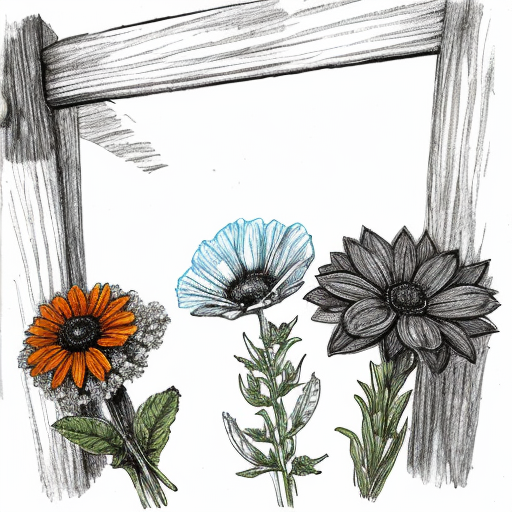 A sketch of multiple wildflowers  in a row. Black and white, simple and hand drawn