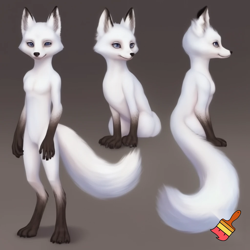 (Ref sheet , front perspective , back perspective and right side perspective)
Gender: Male
 age: 18
 Body structure: ectomorph thin anthro Pretty boy fox body , big bushy tail, White fur  , cute big white fox ears , Digitagrade Anthro fox Legs and Feet paws, paw hands with Retractable claws. 
Pretty boy Facial features: Big cute blue eyes, cute small black fox nose, cute fox snout.

Species: Albino anthro fox.
height: 5.7. 