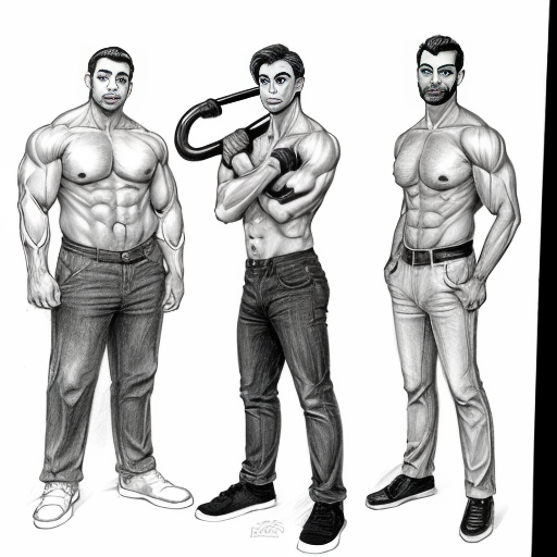 pencil drawing cartoon style of different poses of 2 men, one muscular man and one thin, underweight man with a cane
