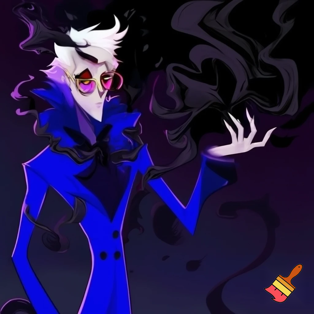A tall, lean pale man with a similar build to Alastor with white hair, distinctive round brass glasses he has a stern look on his face. his face In cartoonish art style of hazbin hotel wearing his signature blue overcoat with black sinister smoke curling around him his hand reaching out, producing the black sinister smoke