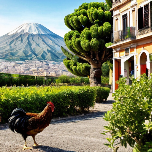Crea un immagine che contenga un gruppo di galline, in centro a Catania e sullo sfondo l'Etna. Il tutto deve essere circondata da fichi d'india e arance
