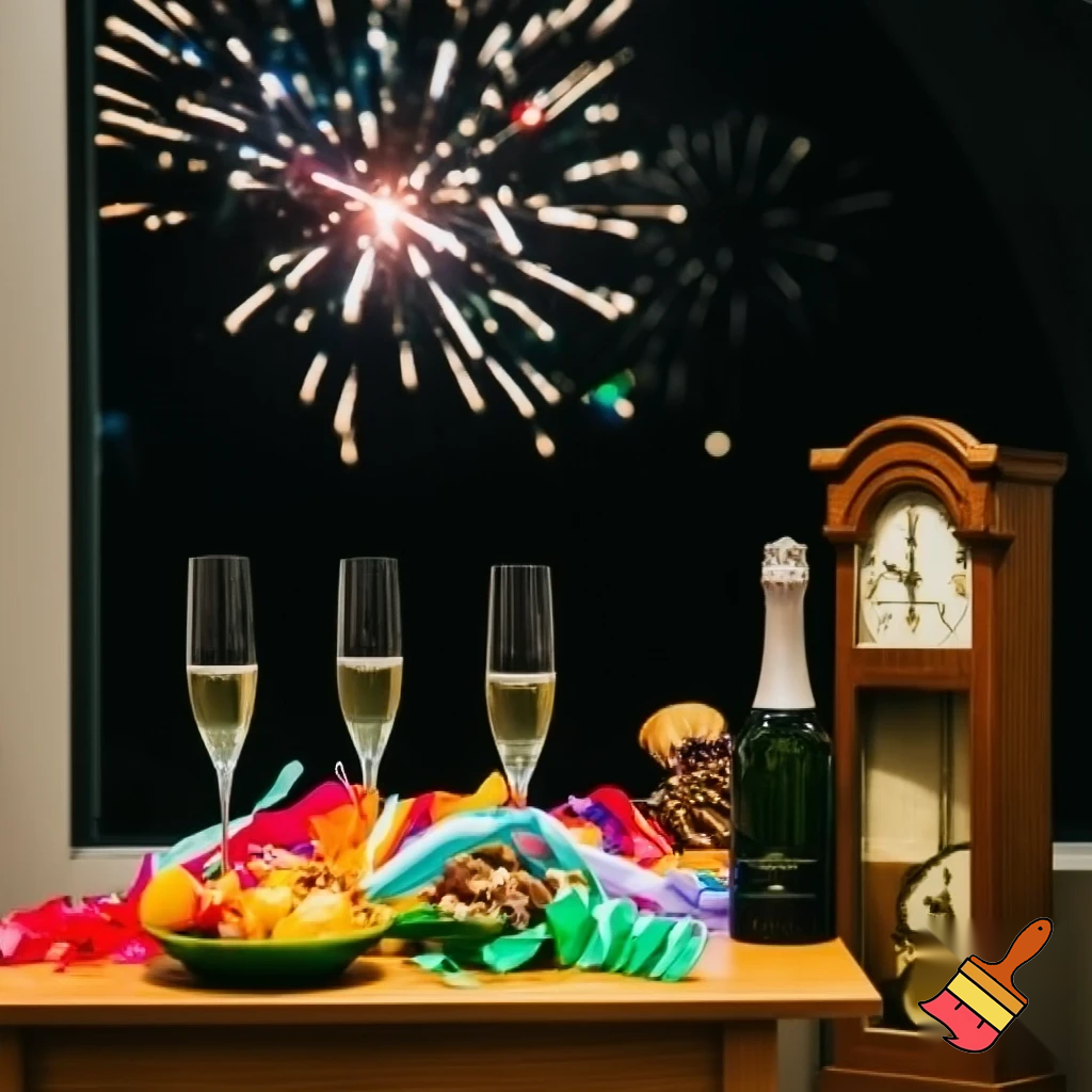 on the table there are two glasses of champagne, a bottle, hanging colorful paper streamers, snacks and fruit, next to it there is an old clock, the hands of the clock are at 12 o'clock, in the background there is a window and fireworks outside the window
