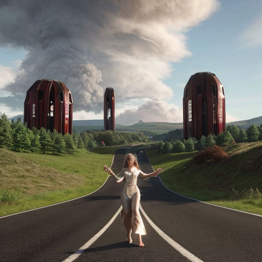 Asland Human cute little girl with light brown hair, blue eyes, light beige sci-fi futuristic long dress and barefoot, when holding the fkag of Asland with white field and red-linned black saltire and group of Asland Human peoples on sci-fi futuristic road at Hammerstein beige sci-fi futuristic castle with red brick sci-fi futuristic roofs and beige sci-fi futuristic towers with red brick sci-fi futuristic roofson hill in Asland landscape with taiga forest, hills, meadows, beige-green-brown fields, villages with beige sci-fi futuristic houses with red brick sci-fi futuristic roofs and cloudy sky in 2621.