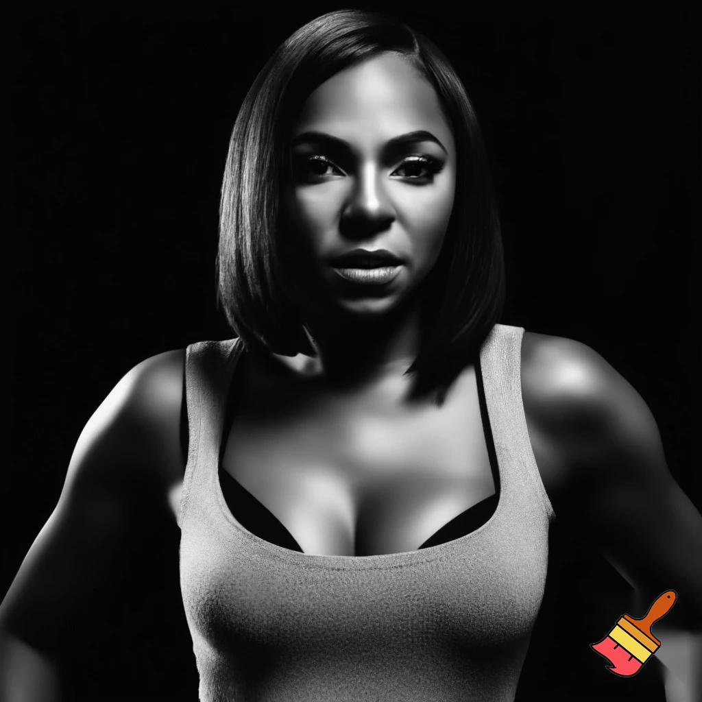 Black and white image of Ashanti with part bob hair wearing a grey tank top and black bra 