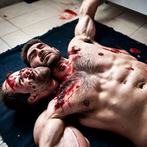 shirtless random man (neighbor, not everyone has 6 pack.), face are hiding by shirt, died already, chest are open wounded circle in random man, blood everywhere, eye closed, floor (on random place) on corpse body.