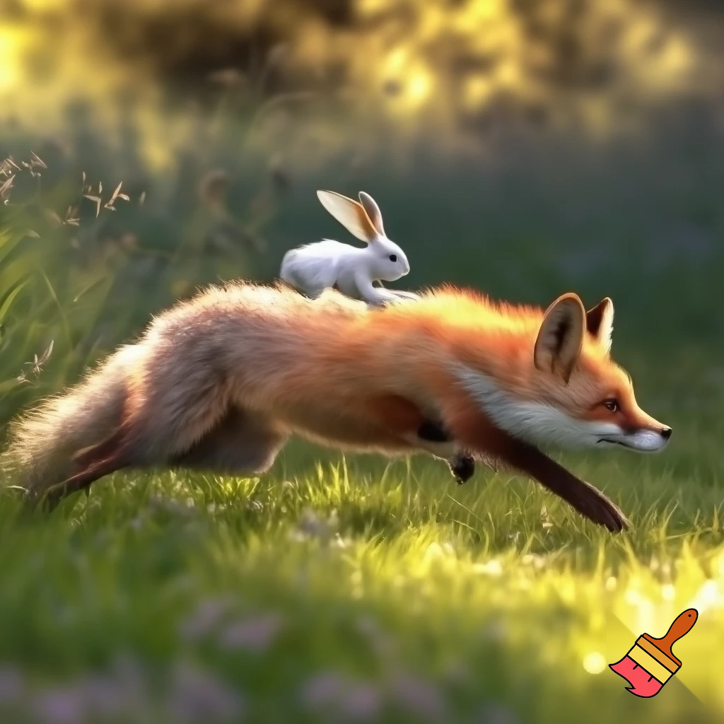 a realistic detailed photo of a fox chasing a a bunny