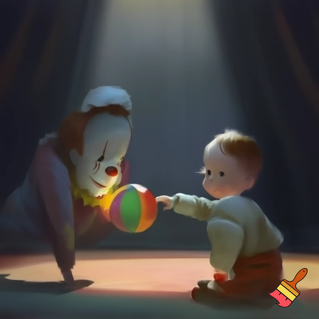  A child gives a sad circus clown a ball.