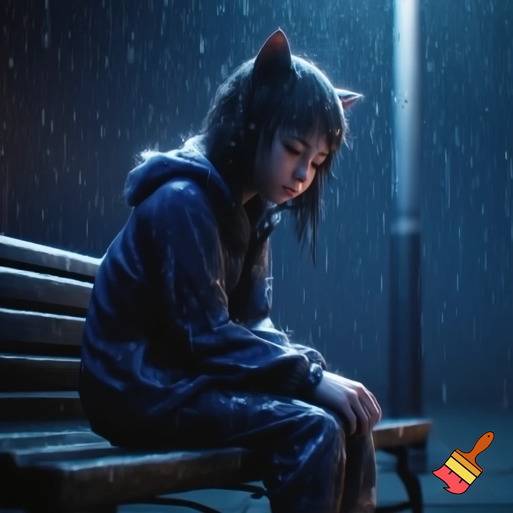 “3D cinematic shot of the cat-girl sitting on a street bench under a dim streetlight, drenched clothes, soft raindrops on fur, eyes downward, emotional mood, dark blue night tone, high detail, same character face and dress.”
