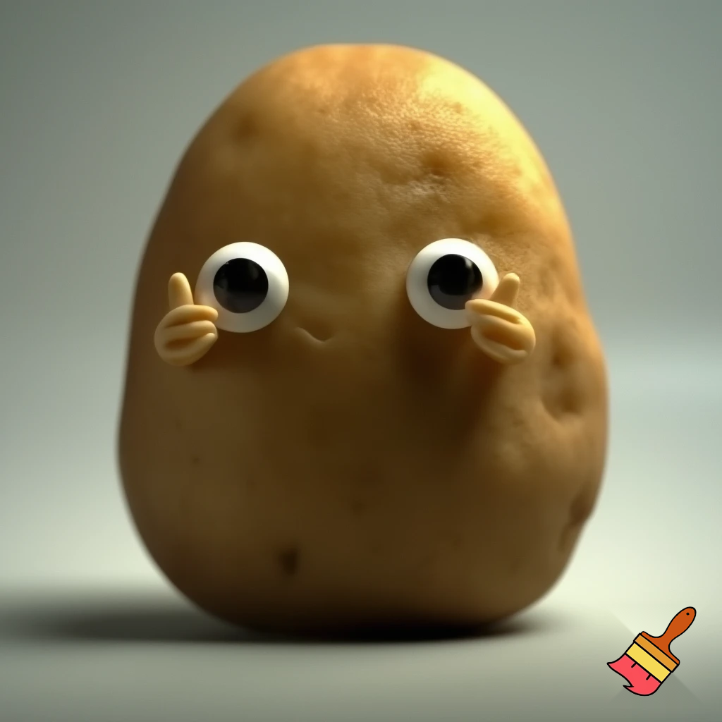 a cute potato having eyes and hands saying cheese
