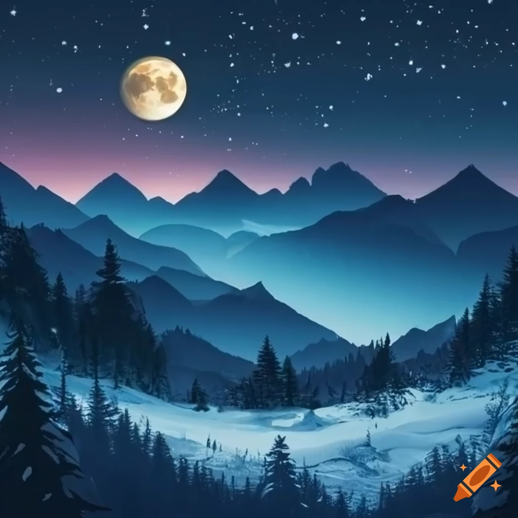 nighttime mountain landscape with snowy peaks, forest, and moonlight