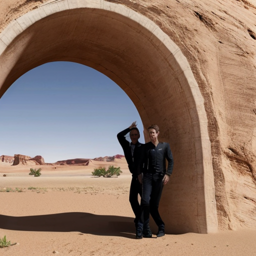 Put abstract figures in the center part of an arch in a desert landscape in Tanguy style