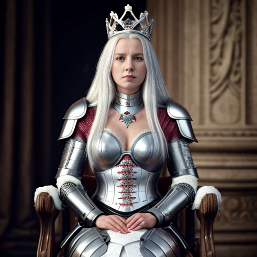 Tall, white-haired Queen of Poland in armor sitting on a throne