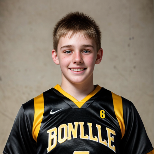 Make a high school age boy in a black and gold boonville basketball jersey