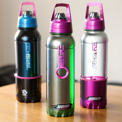 an energy drink bottle for boosterade  the bottle is blue yellow and pink
