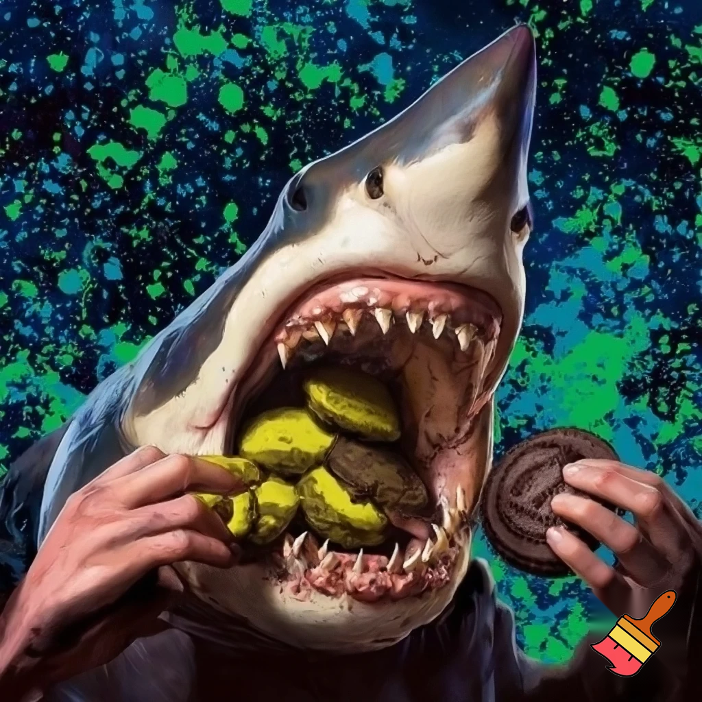 a shark human eating bobross earwax flavored oreos