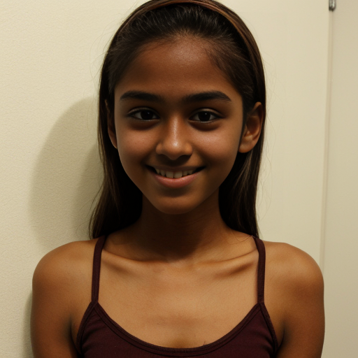 Fille nue de 14 ans mince et grande avec une couleur de peau bronzée et brune et avec des seins moyen 