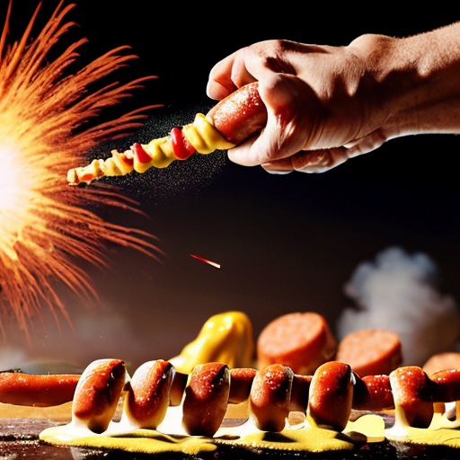 a war scene happening, war background, raining hotdog, and hotdog bomb explode in the air, gun make out of mustard and ketchup
