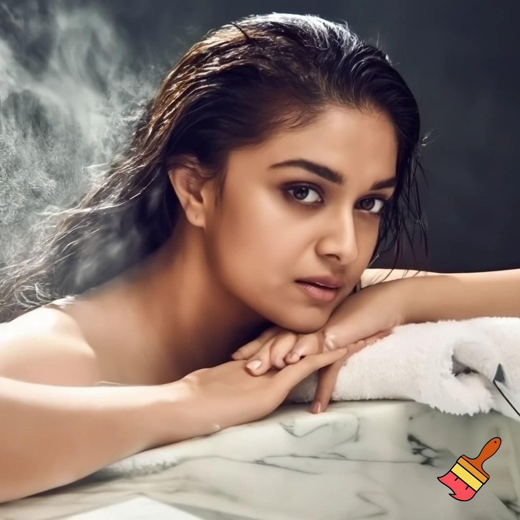 Portrait of  Keerthy suresh with wet, wavy hair, wrapped in a white towel, leaning on a marble bathroom counter with steam in the background, neutral expression, realistic photography style, high detail