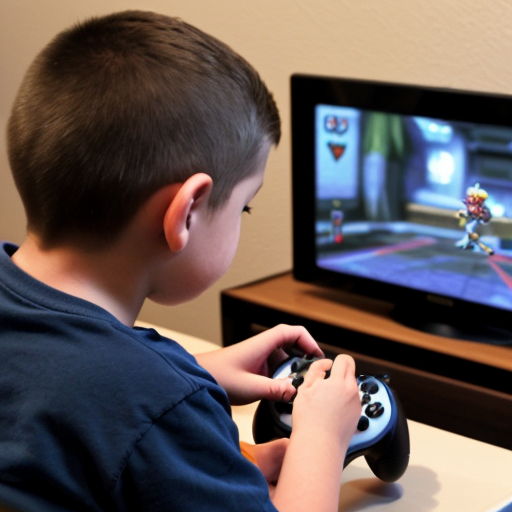 Create an image about a kid playing video games like a game boy and other one with the same kid now adult enjoying playing with the same console.