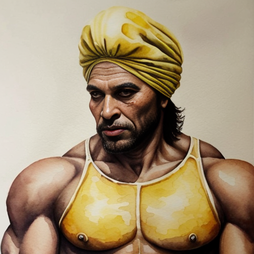 peux tu générer un homme requin humanoïde  qui porte un costume jaune abimé. Ses bras portent  des ailerons de requins. Il est musclé et à l'air méchant. Il porte un chapka russe sur la tête. 
Représente le de plein pied et insiste sur son côté requin terrifiant.
