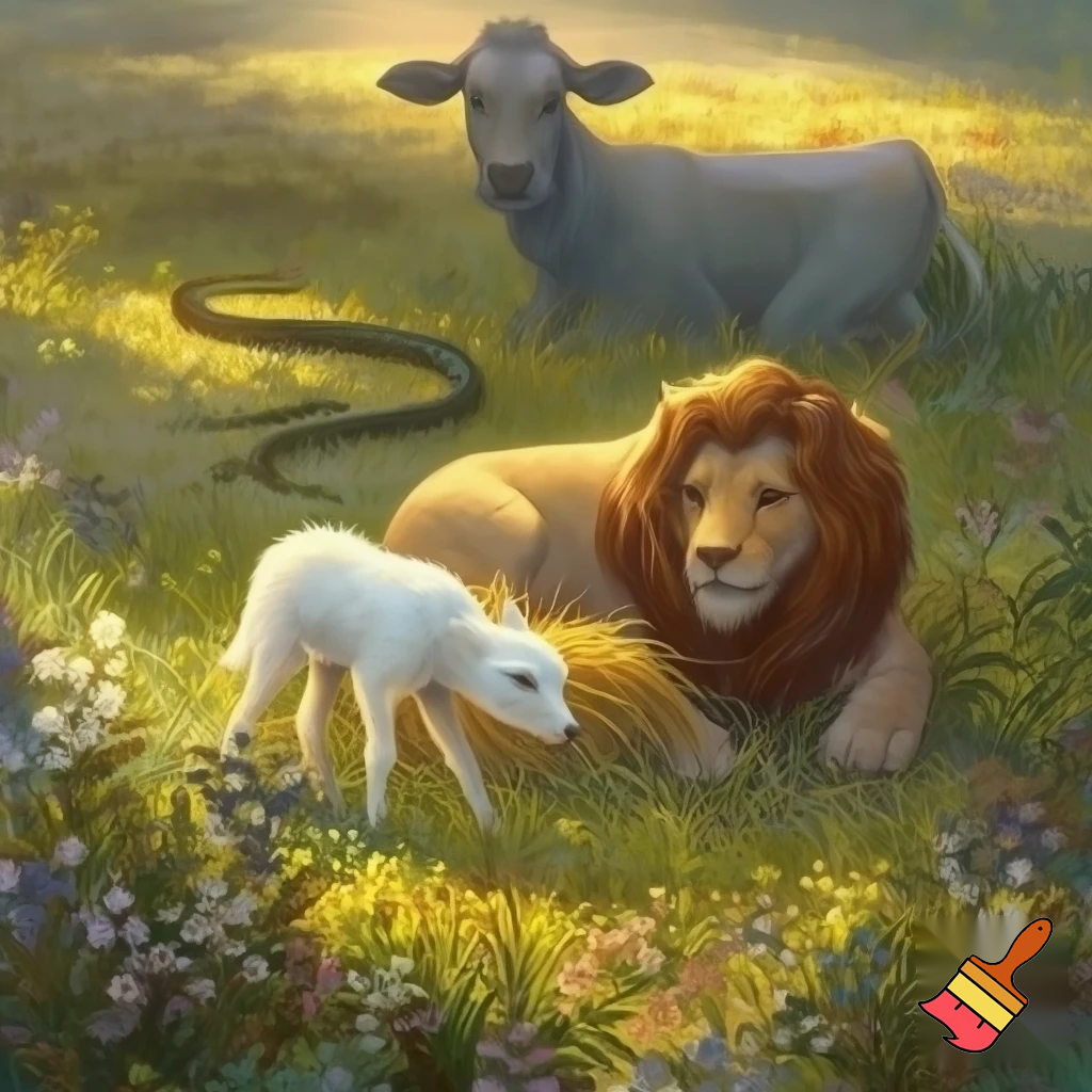 Wolf und Lamm werden einträchtig weiden, und der Löwe wird Stroh fressen wie das Rind, und die Schlange wird sich von Staub nähren. 