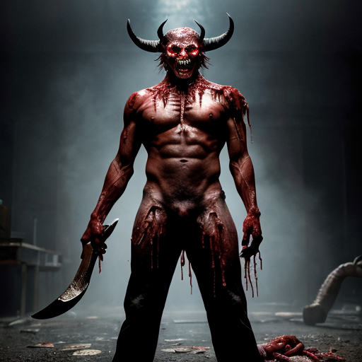 a towering, horned demon with obsidian-black skin stretched taut over corded muscle, its elongated limbs ending in jagged claws slick with fresh gore, standing amidst a cavernous slaughterhouse where dozens of skinned human carcasses hang from rusted hooks, their lifeless faces frozen in eternal screams. The flickering torchlight casts monstrous shadows that writhe across blood-smeared stone walls, illuminating piles of discarded viscera and shattered bones, while the demon's glowing sulfur-yellow eyes fixate on a lone survivor cowering in the corner—their trembling hands clutching a rusted cleaver, reflected in the demon's dripping maw as it grins with jagged, needle-like teeth. The air is thick with the coppery stench of butchery, every detail rendered in sickening realism: the visceral sheen of exposed muscle, the way intestines coil like wet rope across the floor, the subtle steam rising from freshly torn organs. Archaic symbols carved into the demon's flesh pulse with infernal light, casting eerie highlights across the carnage as if the very walls are breathing.