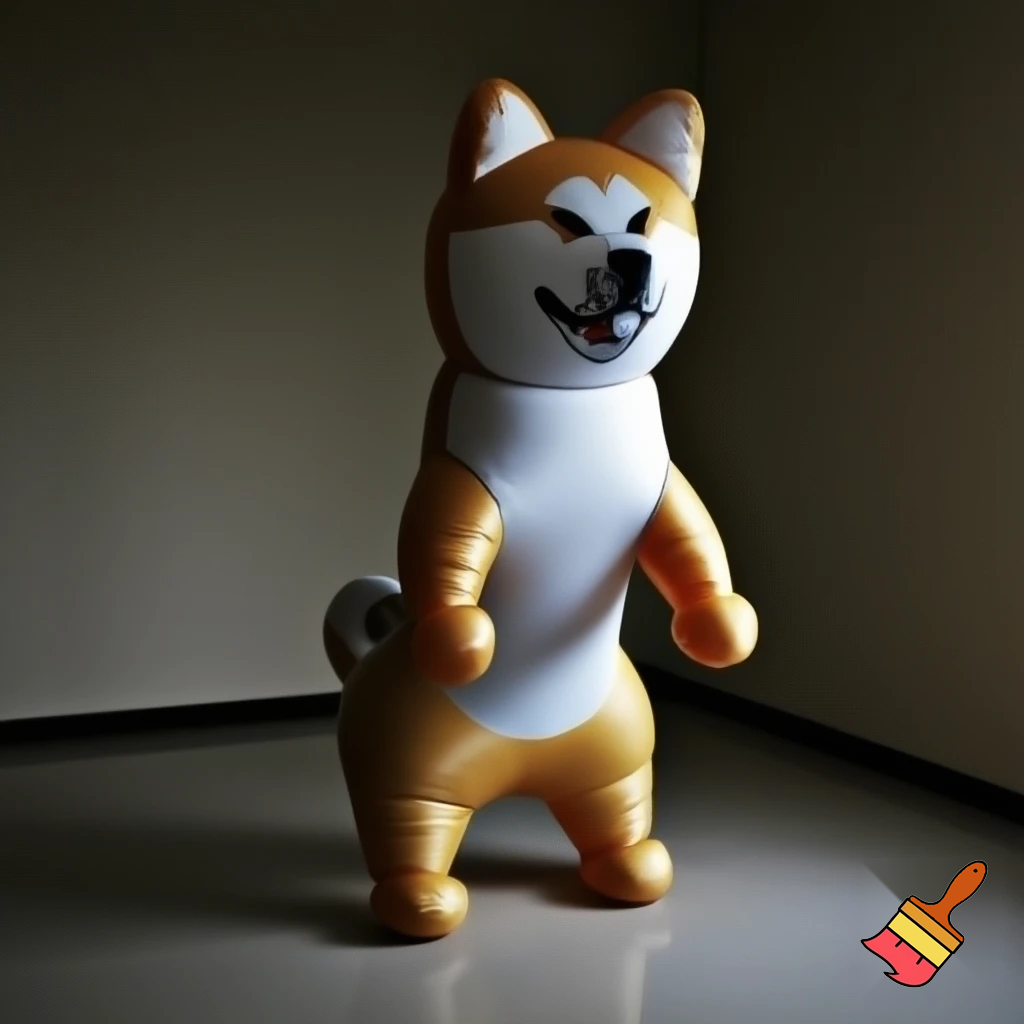 Realistic, inflatable replica of the Akita inu dog presented in bipedal, standing upright on two hind legs located in the empty living room. 